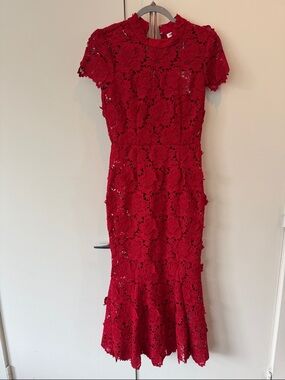 NWT Self-Portrait Red Rose 3-D Floral Lace Midi Dress and slip